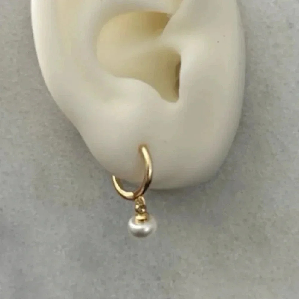 COPY - Gold Pearl Dangle Huggie Hoop Earrings - Picture 2 of 4